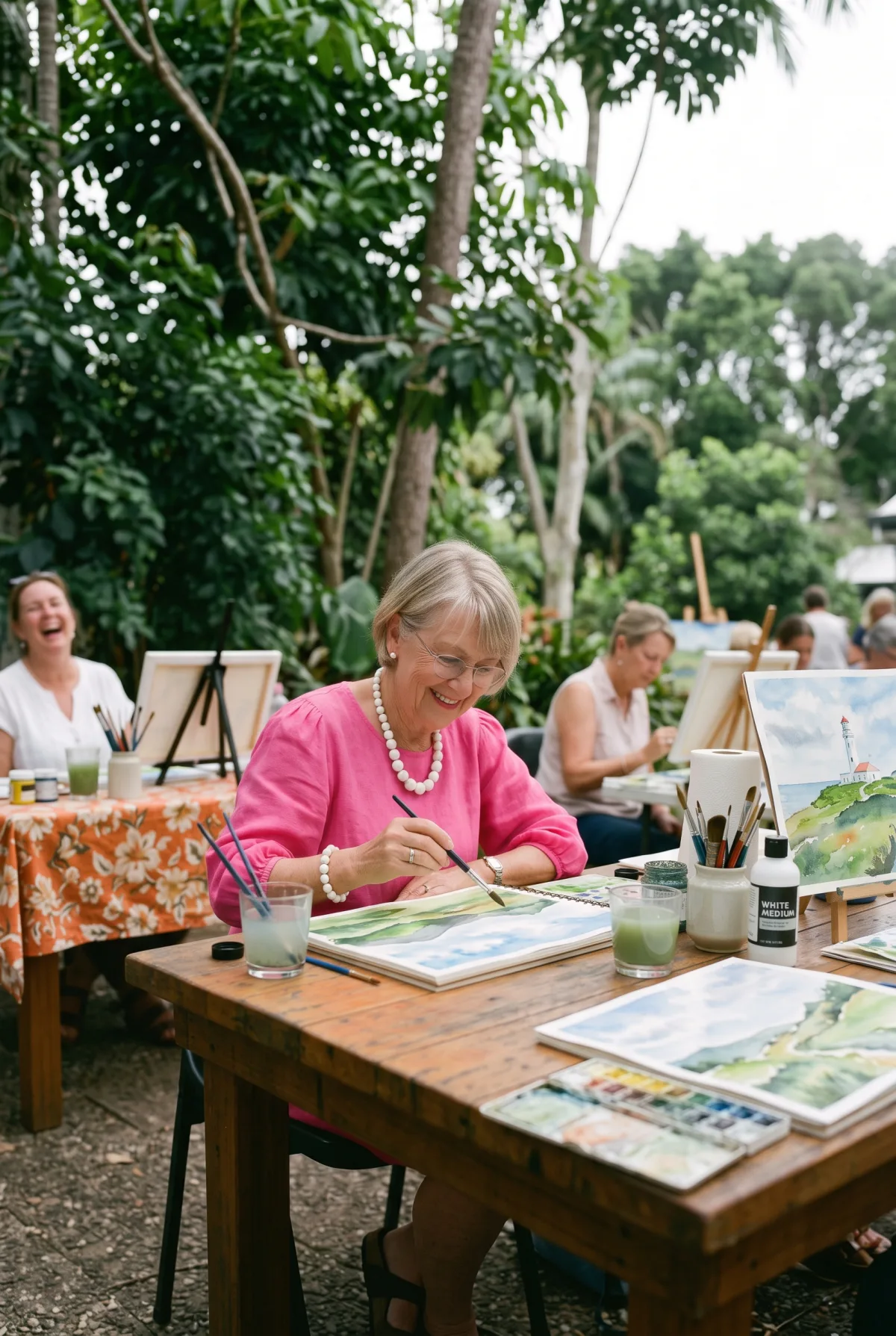 An outdoor watercolor class, one member smiling as she paints at a shared table