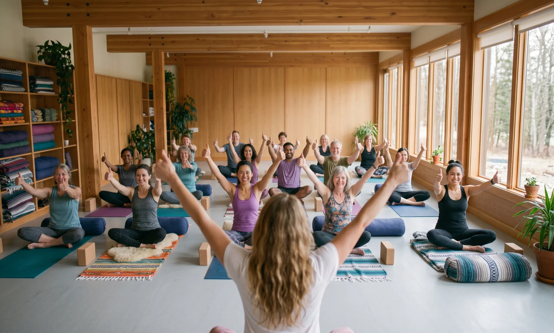A yoga class of mixed ages giving their instructor a thumbs-up