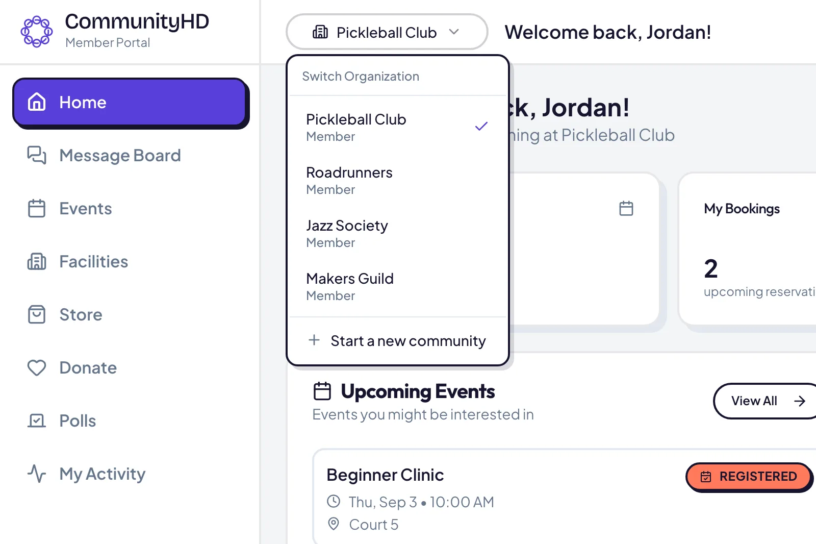 The community switcher menu listing four communities under one account