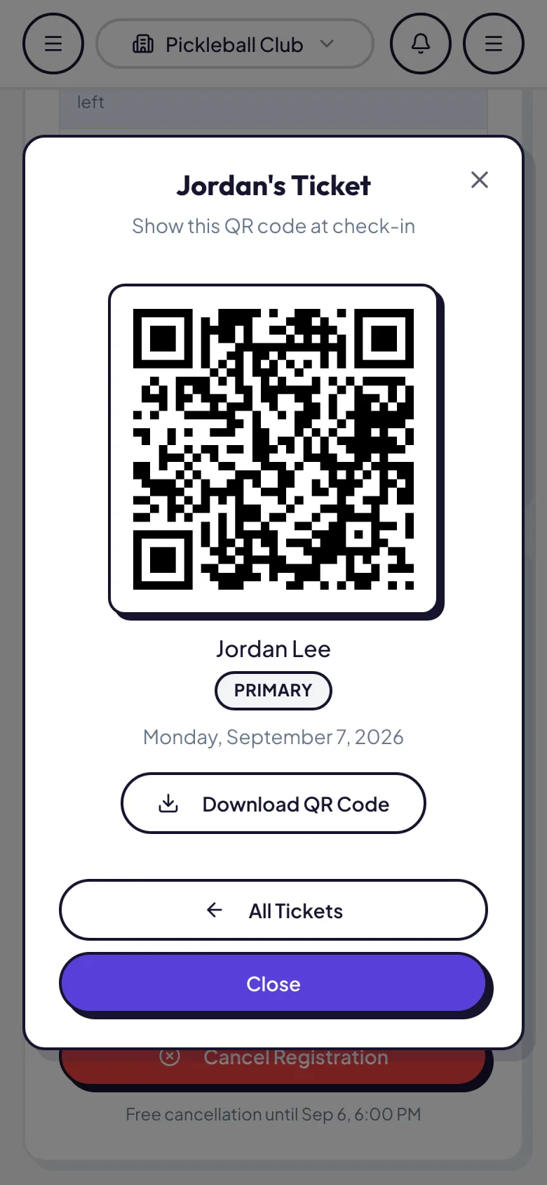 A member's event ticket with its QR code, ready to scan at the door