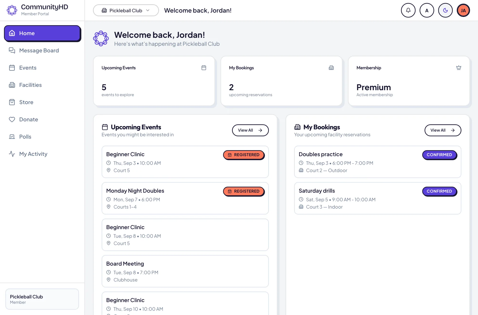 The CommunityHD member portal home: upcoming events, bookings, and membership at a glance